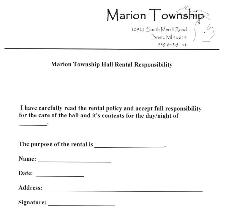 Marion Township Hall Rental Responsibility form with fillable fields.